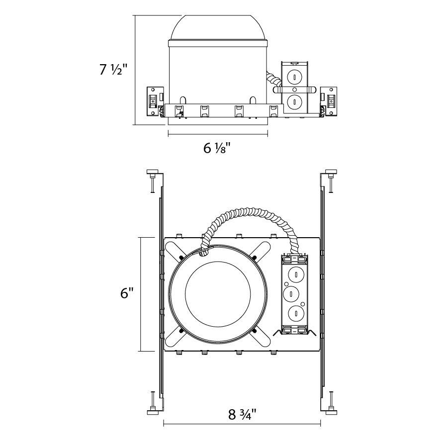 Dimension drawing of the RAB NDCANIC6R 6in New Construction Recessed Housing – IC Ratedshowing fixture dimensions and mounting measurements.
