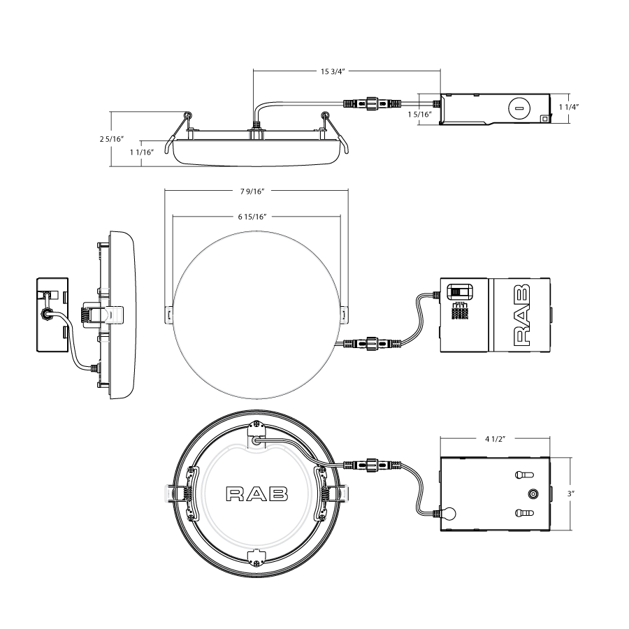 Dimension drawing of the RAB ORB6 ORB 6 Inch Frameless Recessed Downlight – 9W – 5-CCT Selectable – Round – White Finish – Triac Dimmable – 120V – 1100 Lumensshowing fixture dimensions and mounting measurements.