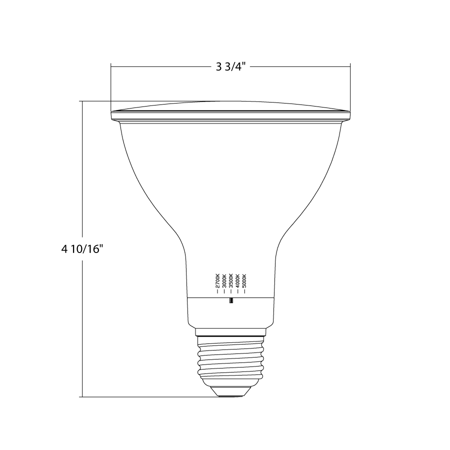 Dimension drawing of the RAB PAR30LFA-15-9CCT-40D-DIM PAR30 Long Neck LED Lamp – 15W – 150W Equivalent – 40° Beam Angle – Selectable 2700K/3000K/3500K/4000K/5000K – 1800 Lumens – Dimmable – 120Vshowing fixture dimensions and mounting measurements.