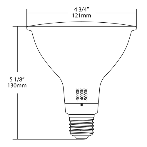 Dimension drawing of the RAB PAR38FA-19-9CCT-40D-DIM PAR38 LED Lamp – 19W – 150W Equivalent – 40° Beam Angle – Selectable 3000K/4000K/5000K – CRI90 – 2450 Lumens – Dimmable – 120Vshowing fixture dimensions and mounting measurements.