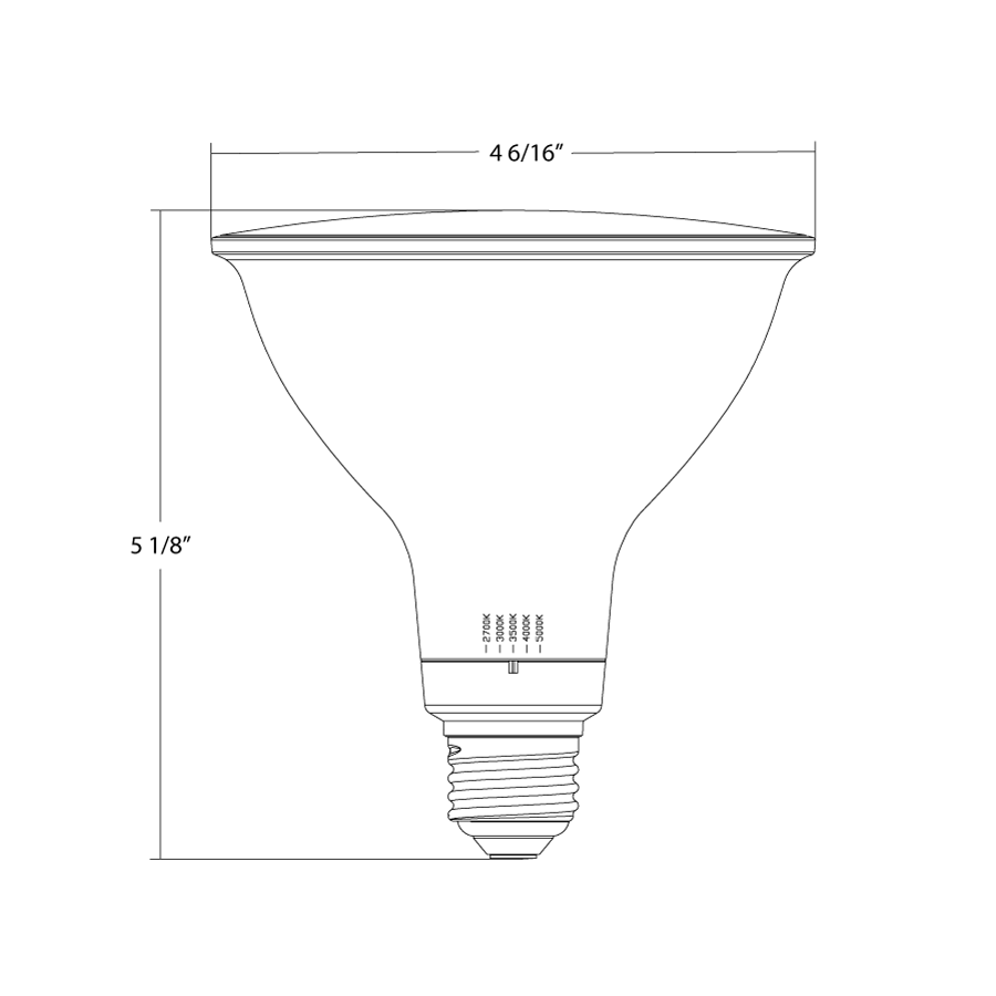 Dimension drawing of the RAB PAR38FA-21-9CCT-40D-DIM PAR38 LED Lamp – 21W – 250W Equivalent – 40° Beam Angle – Selectable 2700K/3000K/3500K/4000K/5000K – 3000 Lumens – Dimmable – 120Vshowing fixture dimensions and mounting measurements.