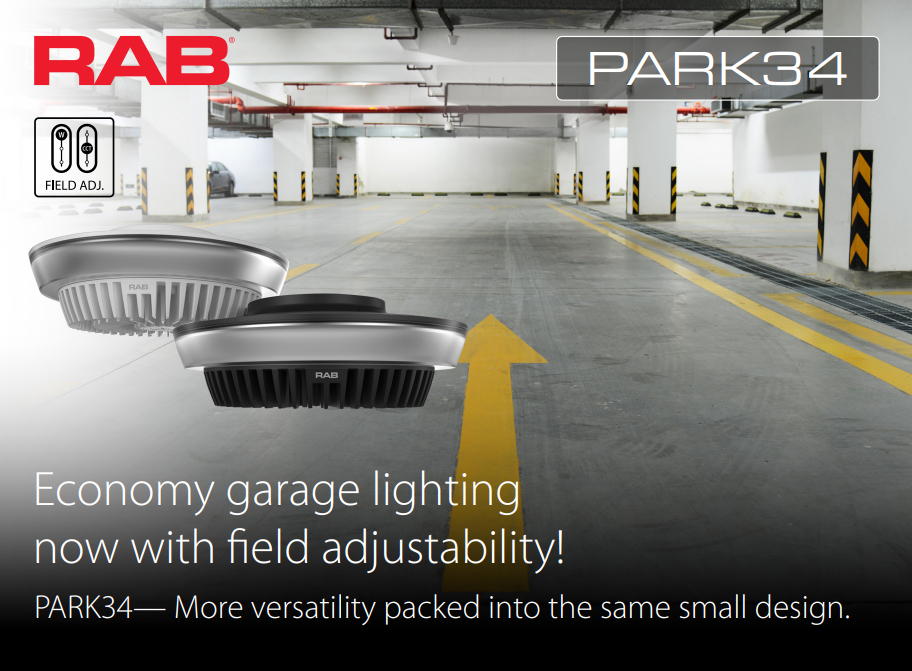 RAB PARK34-40W/E PARK34 Field-Adjustable LED Parking Garage Light – Selectable 20W/30W/40W – Selectable 3000K/4000K/5000K – 3160-5899 Lumens – 120-277V – Emergency Battery Backup – White Finish