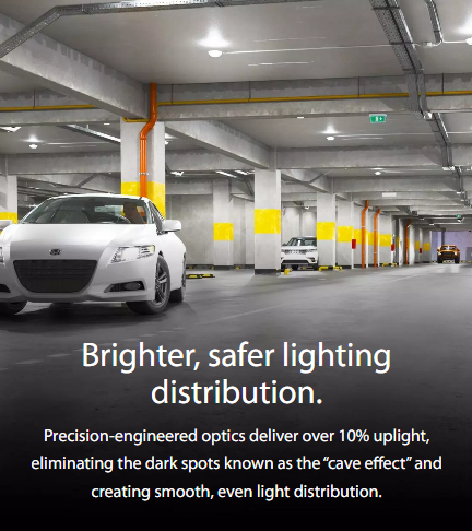 RAB PARK34-40W/E PARK34 Field-Adjustable LED Parking Garage Light – Selectable 20W/30W/40W – Selectable 3000K/4000K/5000K – 3160-5899 Lumens – 120-277V – Emergency Battery Backup – White Finish