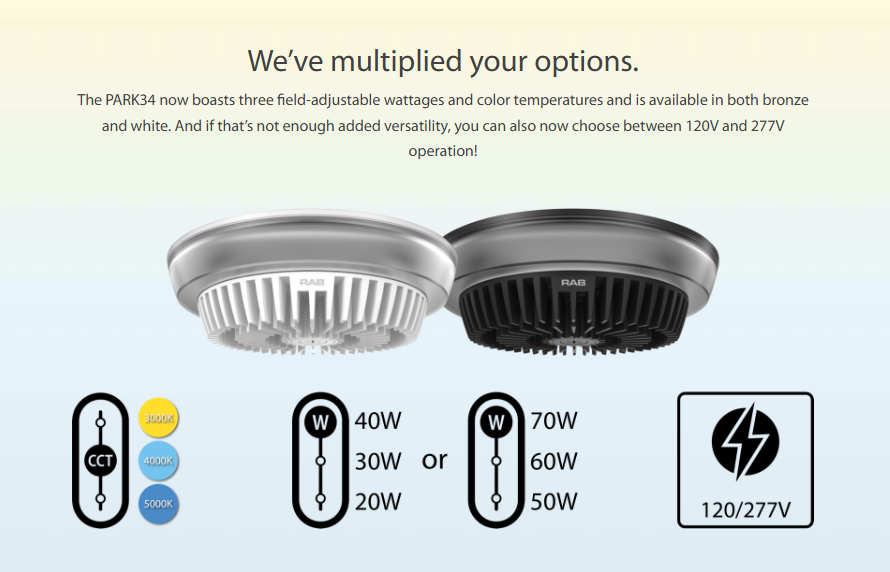 RAB PARK34-40W/E PARK34 Field-Adjustable LED Parking Garage Light – Selectable 20W/30W/40W – Selectable 3000K/4000K/5000K – 3160-5899 Lumens – 120-277V – Emergency Battery Backup – White Finish