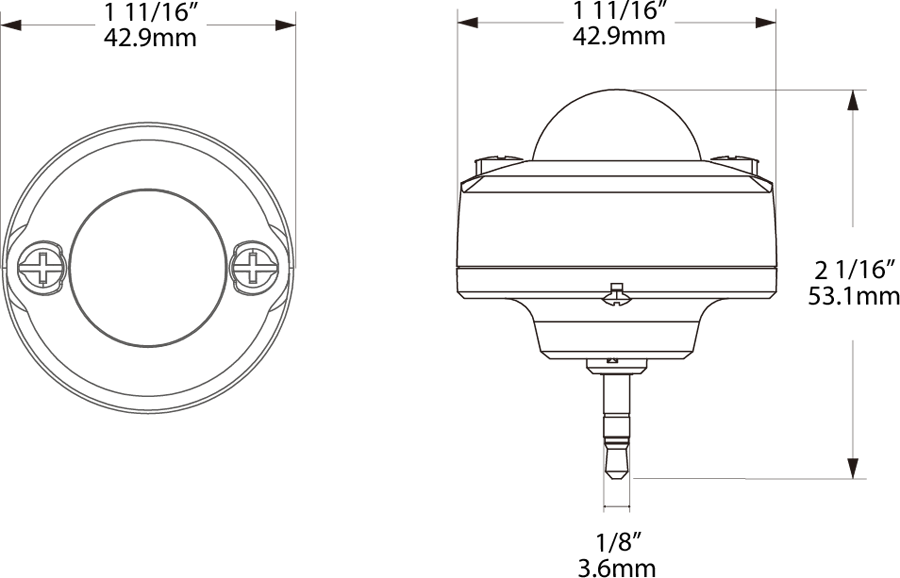 Dimension drawing of the RAB PIR-S PIR Sensor with Photocell for HID Lamps – 15VDCshowing fixture dimensions and mounting measurements.