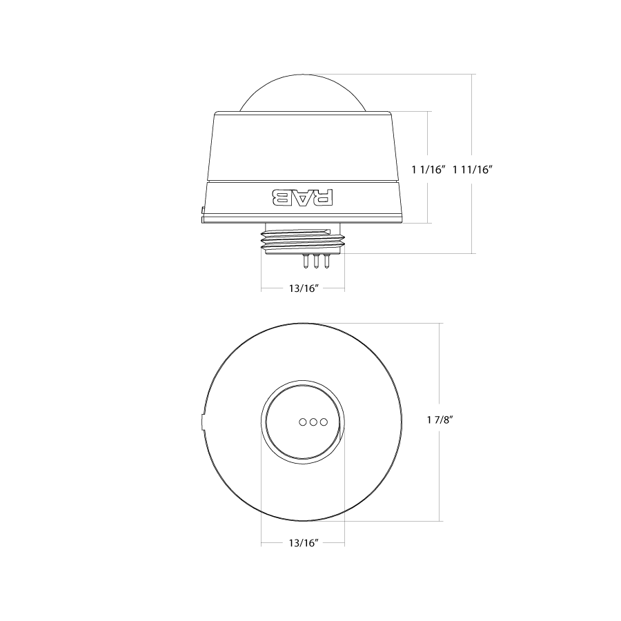 Dimension drawing of the RAB PIR40B PIR Occupancy Sensor – IP66 Rated – Black Finish – For H17 and RBAY17 LED High Bay Lights – 12Vshowing fixture dimensions and mounting measurements.