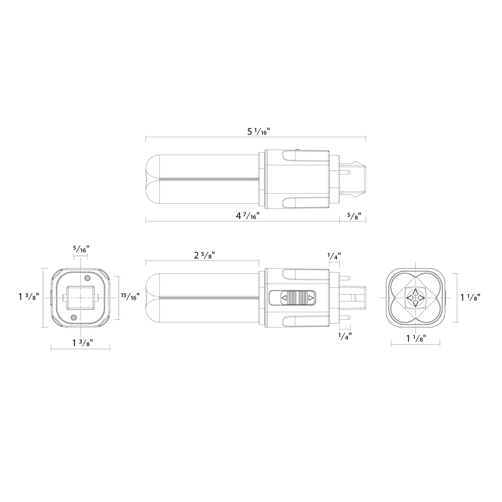 Dimension drawing of the RAB PLC-5-O-8FA-HYB-G24D PLC Omni LED Lamp – Type A+B Hybrid – 5.5W – Selectable 2700K/3000K/3500K/4000K – G24D Base – 120-277V Ballast Compatible – 720-800 Lumensshowing fixture dimensions and mounting measurements.