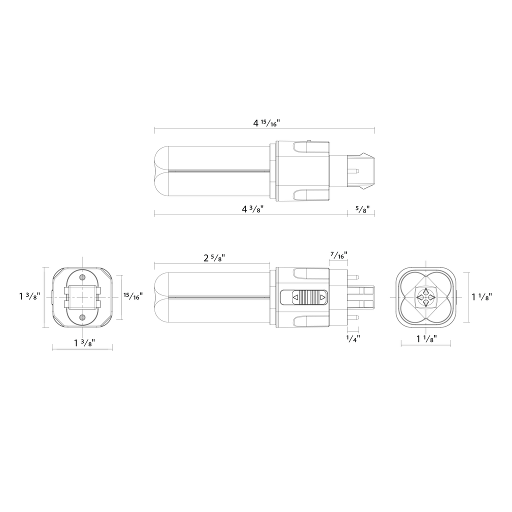 Dimension drawing of the RAB PLC-5-O-8FA-HYB-GX23 PLC Omni LED Lamp – Type A+B Hybrid – 5.5W – Selectable 2700K/3000K/3500K/4000K – GX23 Base – 120-277V Ballast Compatible – 720-800 Lumensshowing fixture dimensions and mounting measurements.