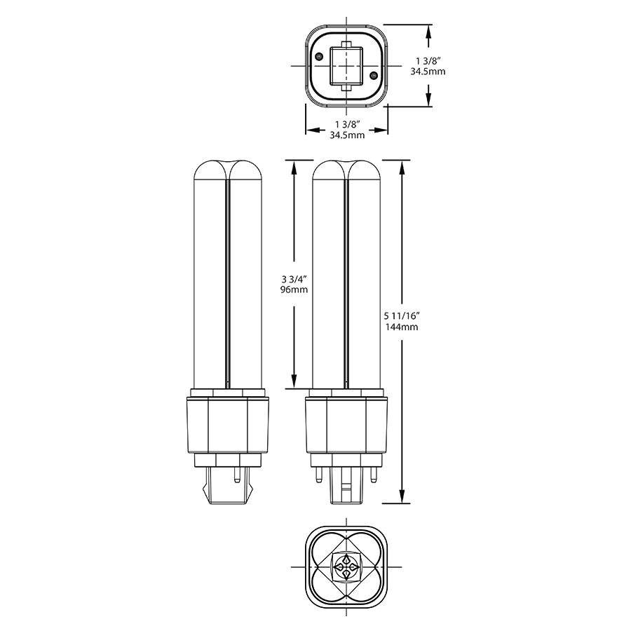 Dimension drawing of the RAB PLC-7-O-840-HYB PLC Omni LED Lamp – 7W – 4000K – G24D Base – Type A+B Hybrid – 120-277V Ballast Compatible – 900 Lumensshowing fixture dimensions and mounting measurements.