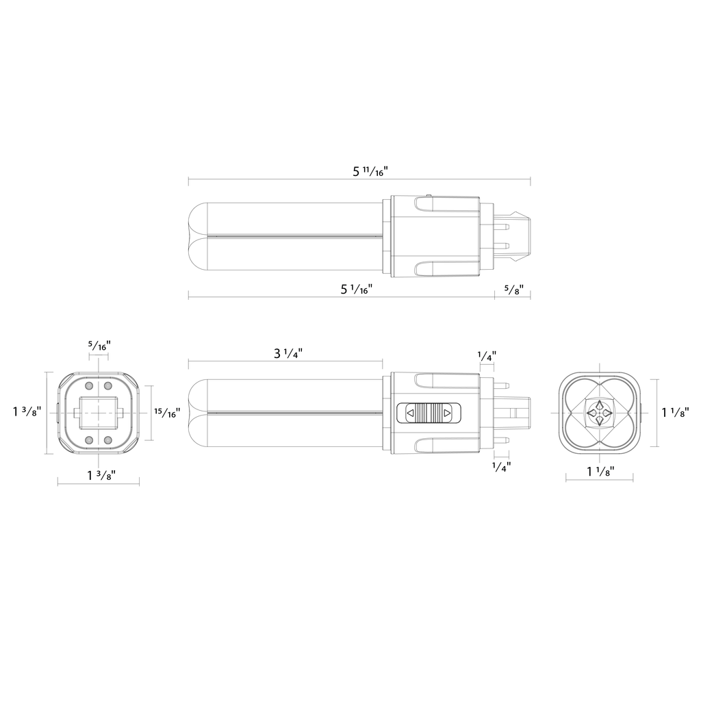 Dimension drawing of the RAB PLC-7-O-8FA-HYB-G24Q PLC Omni LED Lamp – Type A+B Hybrid – 7W – Selectable 2700K/3000K/3500K/4000K – G24Q Base – 120-277V Ballast Compatible – 800-860 Lumensshowing fixture dimensions and mounting measurements.