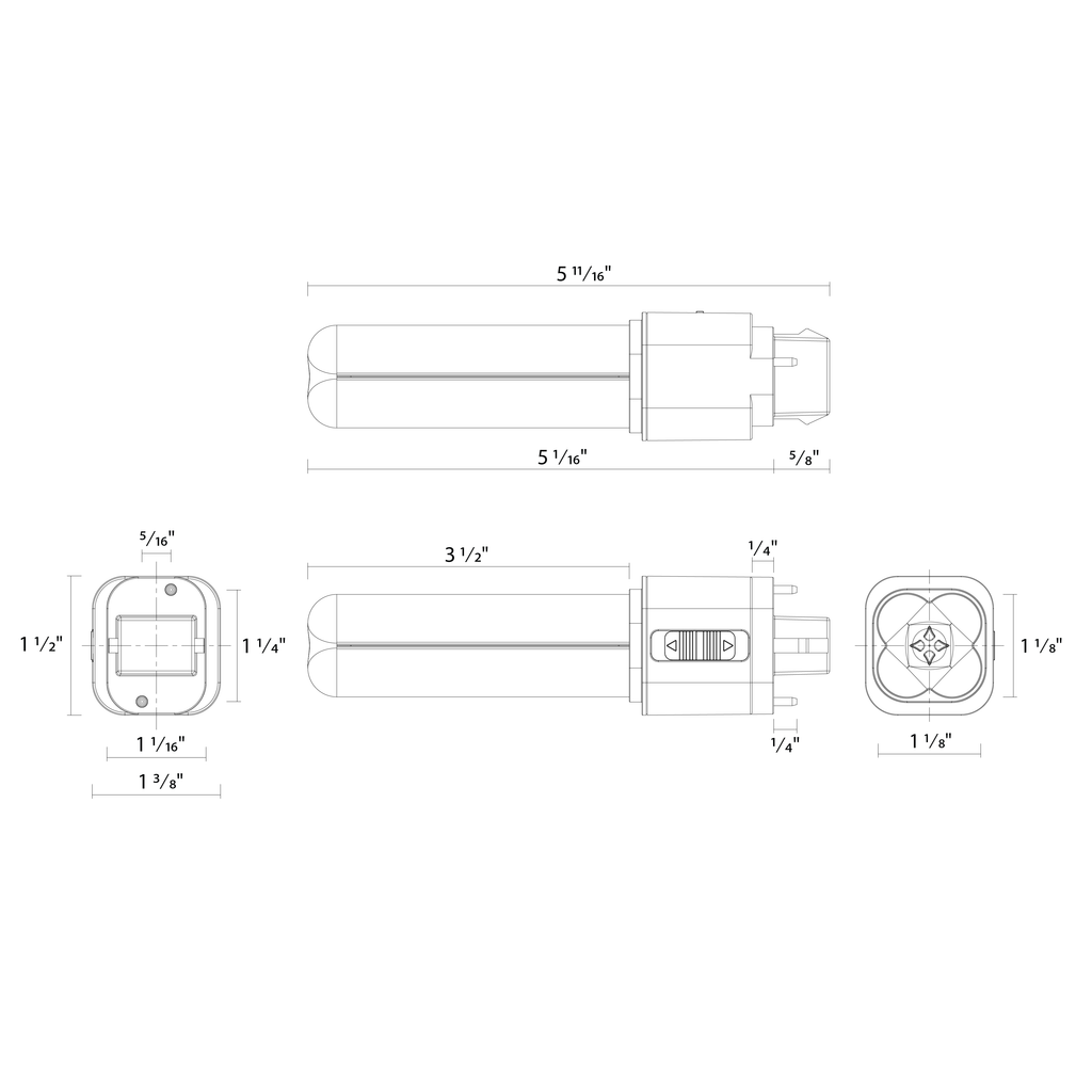 Dimension drawing of the RAB PLC-7-O-8FA-HYB-GX32D PLC Omni LED Lamp – Type A+B Hybrid – 7W – Selectable 2700K/3000K/3500K/4000K – GX32D Base – 120-277V Ballast Compatible – 850-900 Lumensshowing fixture dimensions and mounting measurements.