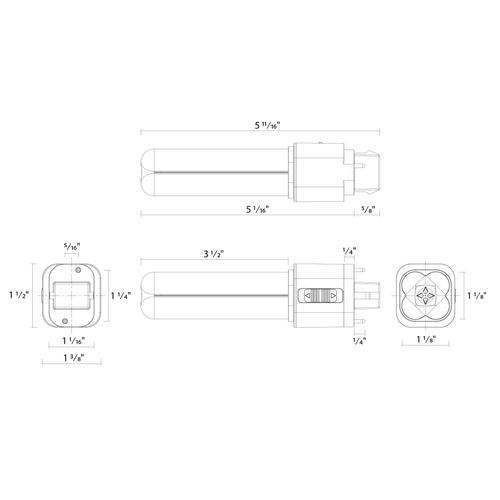 Dimension drawing of the RAB PLC-7-O-8FA-HYB-GX32D PLC Omni LED Lamp – Type A+B Hybrid – 7W – Selectable 2700K/3000K/3500K/4000K – GX32D Base – 120-277V Ballast Compatible – 850-900 Lumensshowing fixture dimensions and mounting measurements.