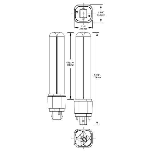 Dimension drawing of the RAB PLC-9-O-827-HYB PLC Omni LED Lamp – Type A+B Hybrid – 9W – 2700K – G24D Base – 120-277V Ballast Compatible – 1150 Lumensshowing fixture dimensions and mounting measurements.