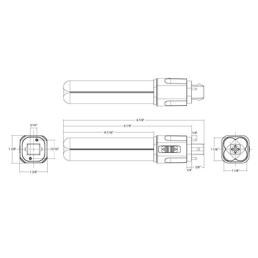 Dimension drawing of the RAB PLC-9-O-8FA-HYB-G24D PLC Omni LED Lamp – Type A+B Hybrid – 9W – 4-CCT Selectable – G24D Base – 120-277V Ballast Compatible – 1050-1200 Lumensshowing fixture dimensions and mounting measurements.