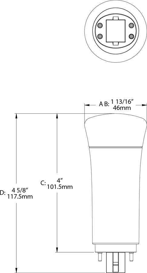 Dimension drawing of the RAB PLC-9-V-827-DIR PLC Vertical LED Lamp – Type A Ballast Compatible – 9W – 2700K – G24Q Base – 950 Lumensshowing fixture dimensions and mounting measurements.