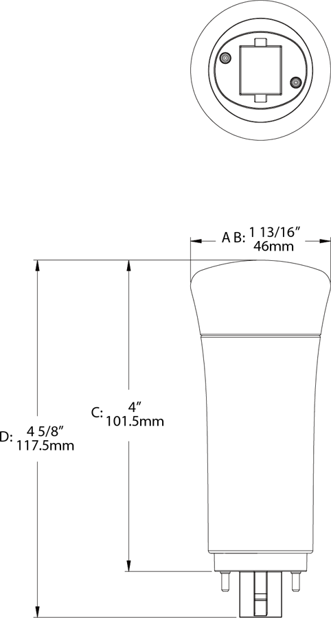 Dimension drawing of the RAB PLC-9-V-850-BYP PLC Vertical LED Lamp – Type B Bypass – 9W – 5000K – G24D Base – 1000 Lumensshowing fixture dimensions and mounting measurements.