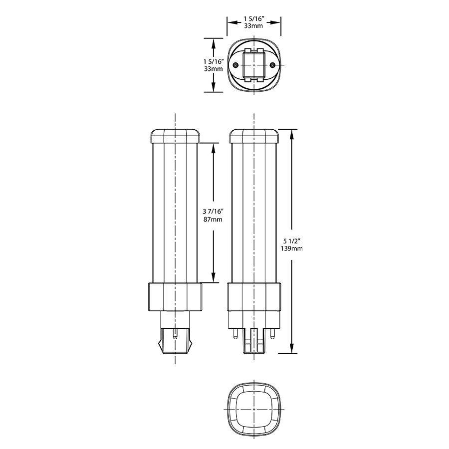 Dimension drawing of the RAB PLS-5-H-830-HYB PLS Horizontal LED Lamp – Type A+B Hybrid – 5.5W – 3000K – GX23 Base – 120-277V Ballast Compatible – 570 Lumensshowing fixture dimensions and mounting measurements.