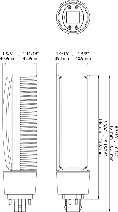 Dimension drawing of the RAB PLT-16-H-850-DIR PLT Horizontal LED Lamp – Type A Ballast Compatible – 16W – 5000K – G24Q Base – 1850 Lumensshowing fixture dimensions and mounting measurements.