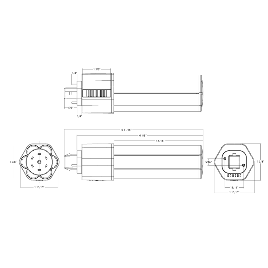 Dimension drawing of the RAB PLT-17-O-8FA-BYP PLT Omni LED Lamp – Type B Bypass – 17W – 4-CCT Selectable – GX24D Base – 120-277V – 2300-2500 Lumensshowing fixture dimensions and mounting measurements.
