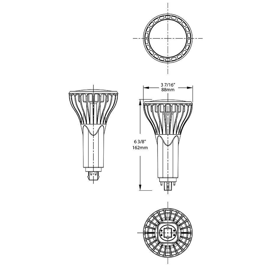 Dimension drawing of the RAB PLT-17-V-830-DIR PLT Vertical LED Lamp – Type A Ballast Compatible – 17W – 3000K – G24Q Base – 2000 Lumensshowing fixture dimensions and mounting measurements.