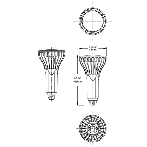 Dimension drawing of the RAB PLT-17-V-835-DIR PLT Vertical LED Lamp – Type A Ballast Compatible – 17W – 3500K – G24Q Base – 2050 Lumensshowing fixture dimensions and mounting measurements.