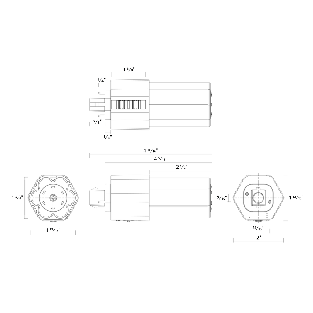 Dimension drawing of the RAB PLT-7-O-8FA-BYP PLT Omni LED Lamp – Type B Bypass – 7W – Selectable 2700K/3000K/3500K/4000K – GX24D Base – 120-277V – 860-960 Lumensshowing fixture dimensions and mounting measurements.