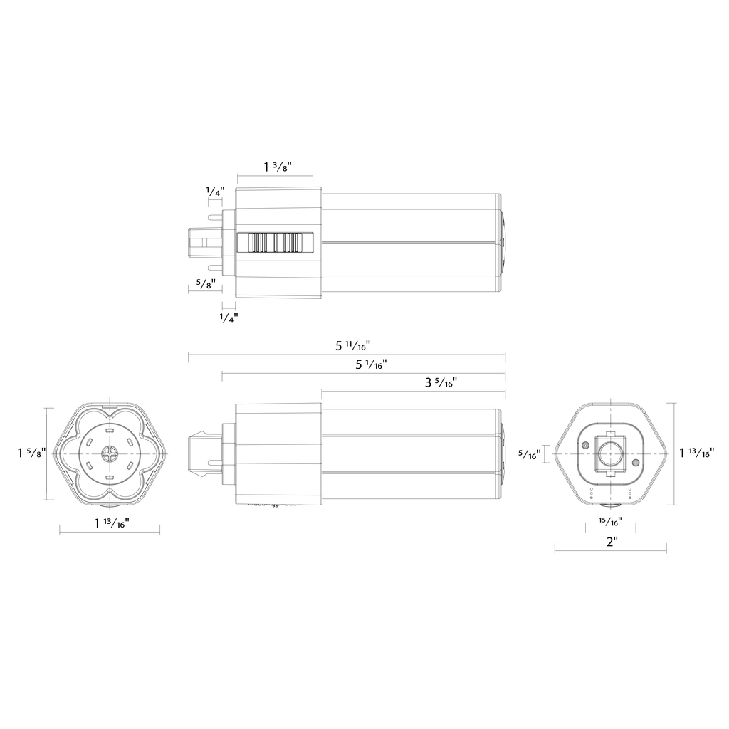Dimension drawing of the RAB PLT-9-O-8FA-BYP PLT Omni LED Lamp – Type B Bypass – 9W – Selectable 2700K/3000K/3500K/4000K – GX24D Base – 120-277V – 1050-1200 Lumensshowing fixture dimensions and mounting measurements.