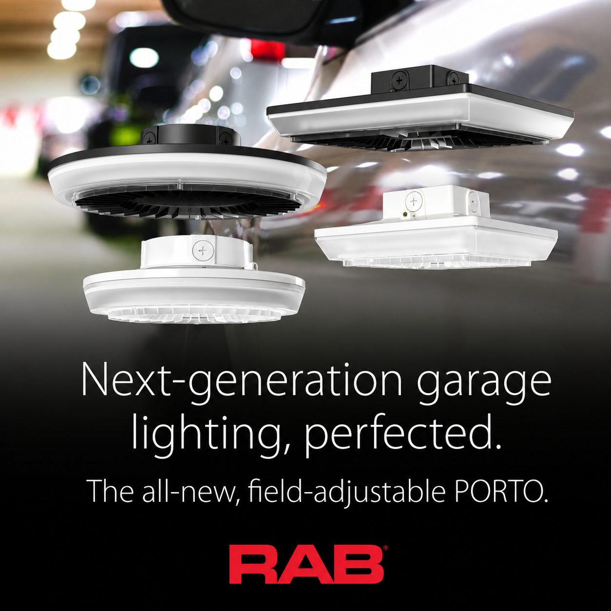 RAB PRT80RW/480 PORTO Field-Adjustable Round LED Parking Garage Light – Selectable 60W/70W/80W – Selectable 3000K/4000K/5000K – 8235-11195 Lumens – 480V – Integrated Photocell – White Finish