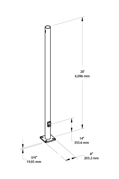 RAB PR4-07-20D2 20 Ft Round Steel Light Pole – 4 In Diameter – 7 Gauge – Drilled Two Sides – Square Base