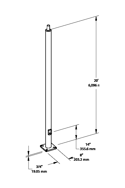 RAB PR4-07-20WT 20 Ft Round Steel Light Pole – 4 In Diameter – 7 Gauge – Welded Tenon – Square Base
