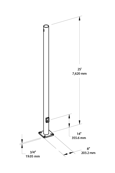 RAB PR4-07-25D2 25 Ft Round Steel Light Pole – 4 In Diameter – 7 Gauge – Drilled Two Sides – Square Base