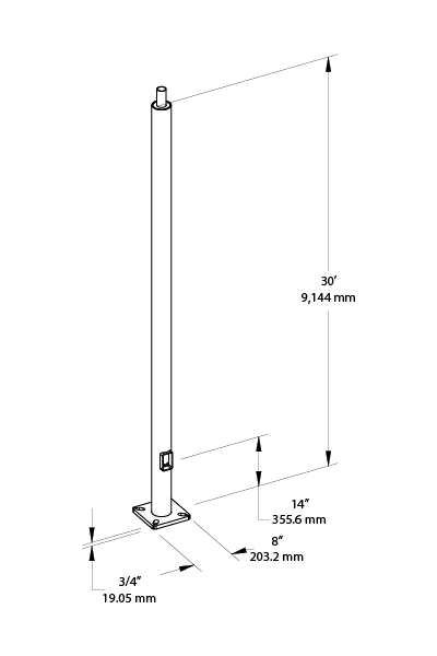 Dimension drawing of the RAB PR4-07-30WT 30 Ft Round Steel Light Pole – 4 In Diameter – 7 Gauge – Welded Tenon – Square Baseshowing fixture dimensions and mounting measurements.