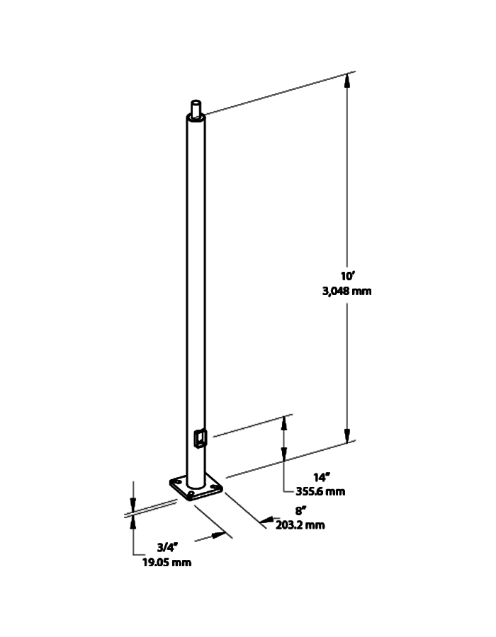 RAB PR4-11-10WT 10 Ft Round Steel Light Pole – 4 In Diameter – 11 Gauge – Welded Tenon – Square Base