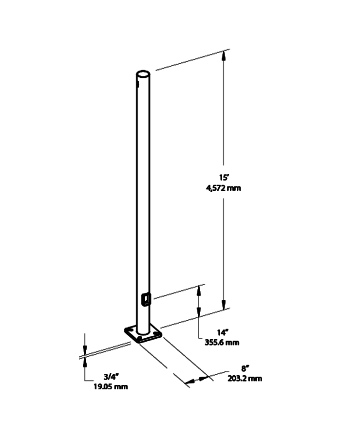 Dimension drawing of the RAB PR4-11-15D2 15 Ft Round Steel Light Pole – 4 In Diameter – 11 Gauge – Drilled Two Sides – Square Baseshowing fixture dimensions and mounting measurements.
