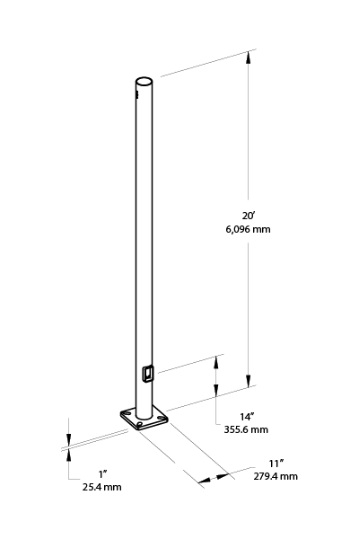 Dimension drawing of the RAB PR5-07-20D2 20 Ft Round Steel Light Pole – 5 In Diameter – 7 Gauge – Drilled Two Sides – Square Baseshowing fixture dimensions and mounting measurements.