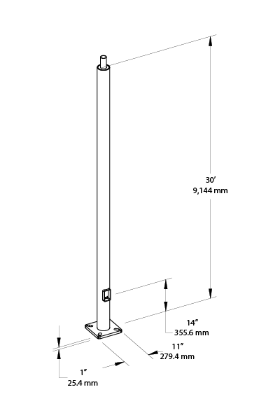 RAB PR5-07-30D2 30 Ft Round Steel Light Pole – 5 In Diameter – 7 Gauge – Drilled Two Sides – Square Base