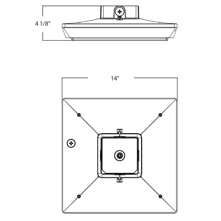 Dimension drawing of the RAB PRT110SW PORTO Field-Adjustable Square LED Parking Garage Light – Selectable 80W/95W/110W – Selectable 3000K/4000K/5000K – 10406-14348 Lumens – 120-277V – Integrated Photocell – White Finishshowing fixture dimensions and mounting measurements.