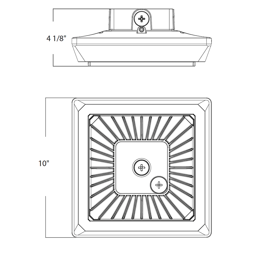 Dimension drawing of the RAB PRT55S/E PORTO Field-Adjustable Square LED Parking Garage Light – Selectable 30W/42W/55W – Selectable 3000K/4000K/5000K – 4233-7510 Lumens – 120-277V – Integrated Photocell – Emergency Battery Backup – Bronze Finishshowing fixture dimensions and mounting measurements.