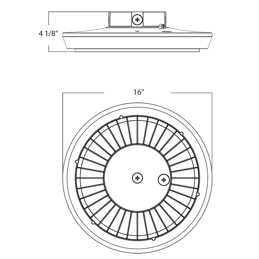 Dimension drawing of the RAB PRT80R/E PORTO Field-Adjustable Round LED Parking Garage Light – Selectable 60W/70W/80W – Selectable 3000K/4000K/5000K – 8235-11195 Lumens – 120-277V – Integrated Photocell – Emergency Battery Backup – Bronze Finishshowing fixture dimensions and mounting measurements.
