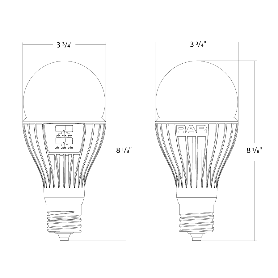 RAB PS30-34S-EX39-8CCT-DIM-UNV LED Retrofit Lamp – Selectable 34W/30W/23W – Selectable 3000K/4000K/5000K – EX39 Mogul Base – CRI80 – Dimmable – 120-277V – 2983-4850 Lumens