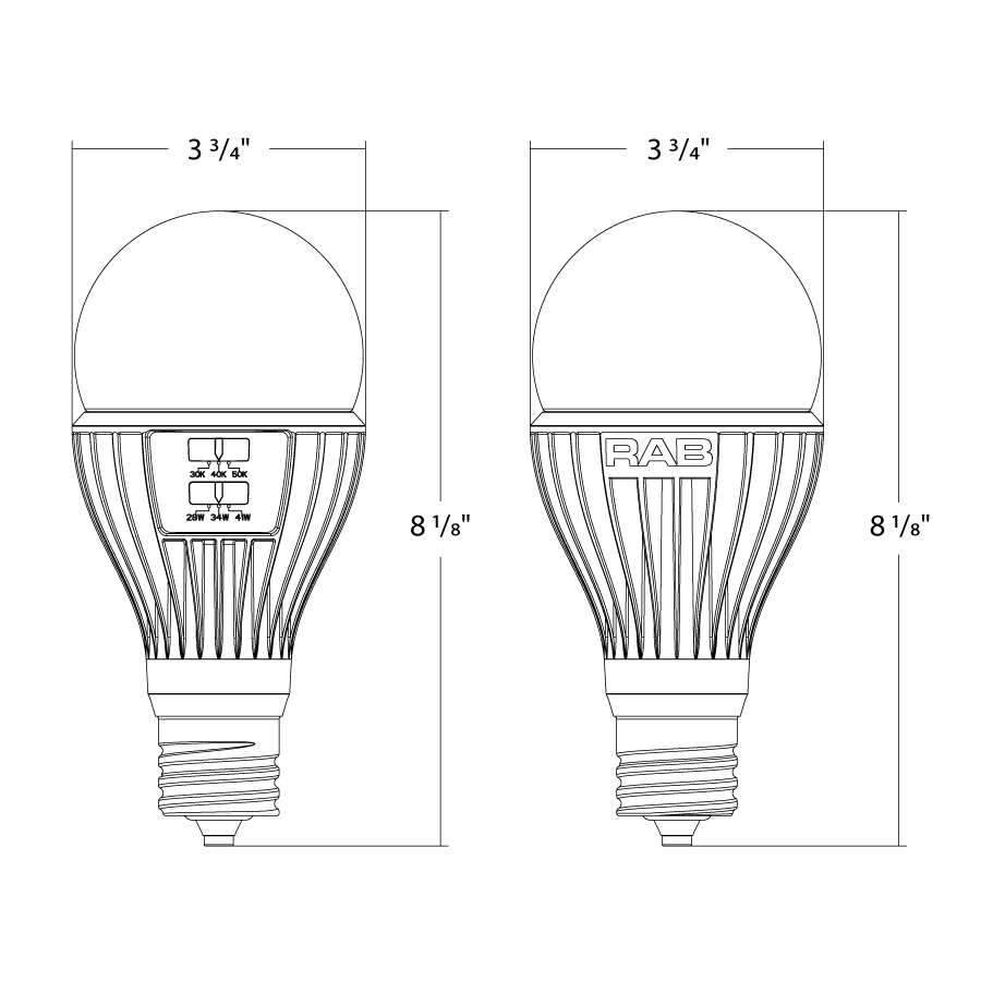 Dimension drawing of the RAB PS30-41S-EX39-8CCT-DIM-UNV PS30 LED Retrofit Lamp – Selectable 41W/36W/30W – Selectable 3000K/4000K/5000K – EX39 Mogul Base – CRI80 – Dimmable – 120-277V – 3947-5859 Lumensshowing fixture dimensions and mounting measurements.