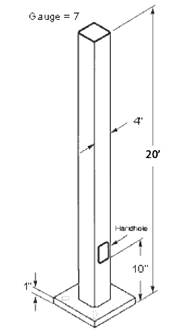 RAB PS4-07-20D2 20 Ft Square Steel Light Pole – 4 In Square – 7 Gauge – Drilled Two Sides – Square Base