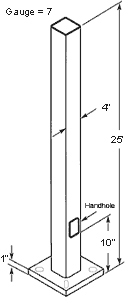Dimension drawing of the RAB PS4-07-25D2 25 Ft Square Steel Light Pole – 4 In Square – 7 Gauge – Drilled Two Sides – Square Baseshowing fixture dimensions and mounting measurements.