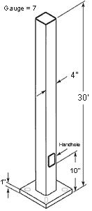 RAB PS4-07-30D2 30 Ft Square Steel Light Pole – 4 In Square – 7 Gauge – Drilled Two Sides – Square Base
