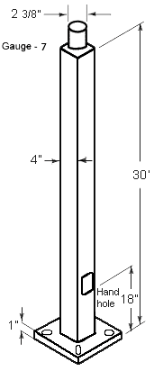 RAB PS4-07-30WT 30 Ft Square Steel Light Pole – 4 In Square – 7 Gauge – Welded Tenon – Square Base
