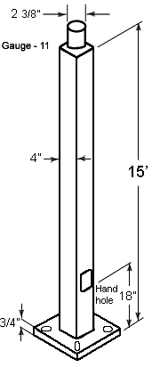 Dimension drawing of the RAB PS4-11-15WT 15 Ft Square Steel Light Pole – 4 In Square – 11 Gauge – Welded Tenon – Square Baseshowing fixture dimensions and mounting measurements.