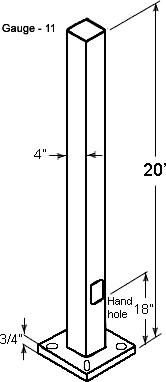 RAB PS4-11-20D2 20 Ft Square Steel Light Pole – 4 In Square – 11 Gauge – Drilled Two Sides – Square Base