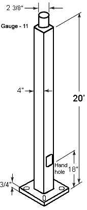 RAB PS4-11-20WT 20 Ft Square Steel Light Pole – 4 In Square – 11 Gauge – Welded Tenon – Square Base