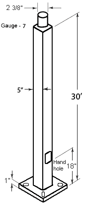 RAB PS5-07-30WT 30 Ft Square Steel Light Pole – 5 In Square – 7 Gauge – Welded Tenon – Square Base