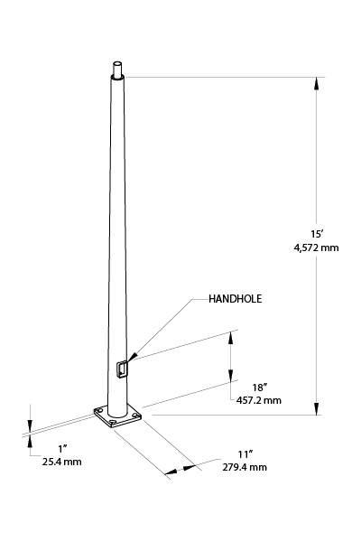 Dimension drawing of the RAB PTR6-11-15WT 15 Ft Round Tapered Steel Light Pole – 6 In Diameter – 11 Gauge – Welded Tenon – Square Baseshowing fixture dimensions and mounting measurements.